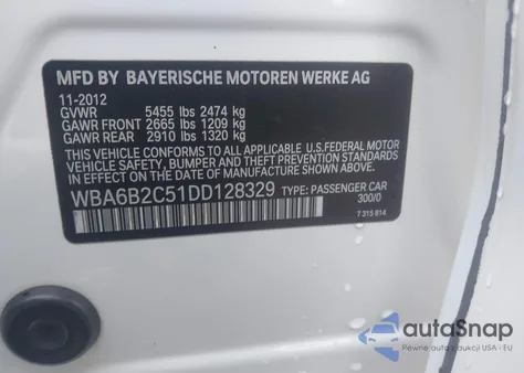 2013 BMW 650I Gran Coupe z USA, uszkodzony, nr VIN WBA6B2C51DD128329